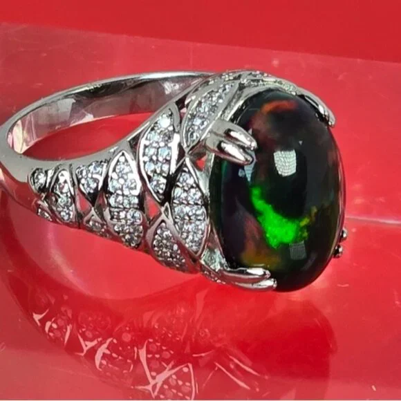 925 Sterling Silver Ring SZ 6.5 with Natural Black Opal & Cz